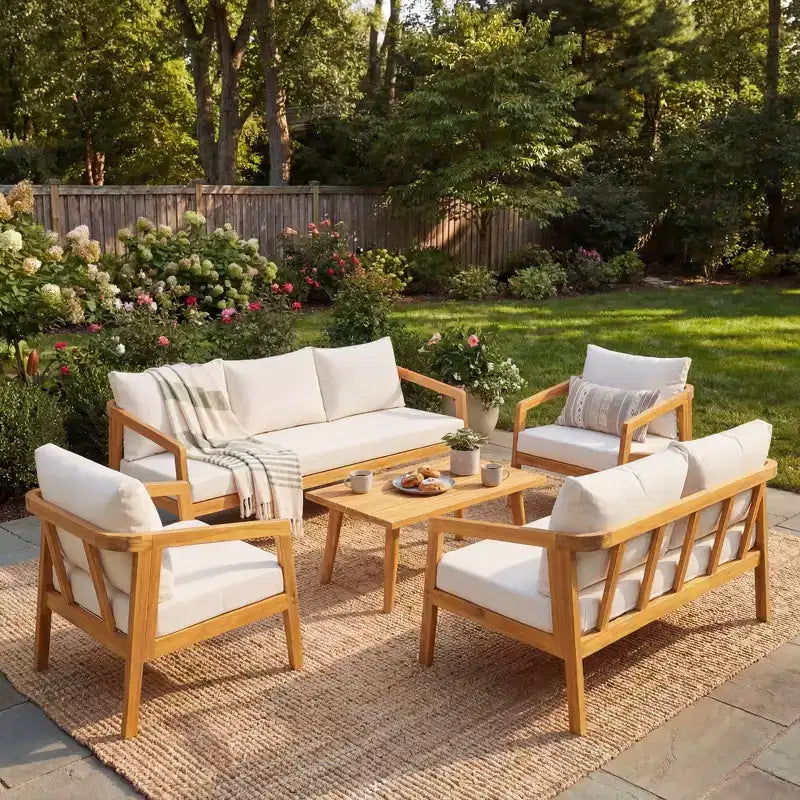 Christopher Knight Home Sunny Modernes 5-teiliges Akazien-Sitzgruppe mit rechteckigem Lattenrosttisch und 7 Sitzen