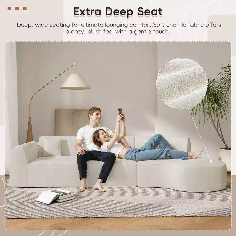 140-Zoll Modernes geschwungenes Ecksofa mit Récamiere, 3-teiliges Set, für Wohnzimmer