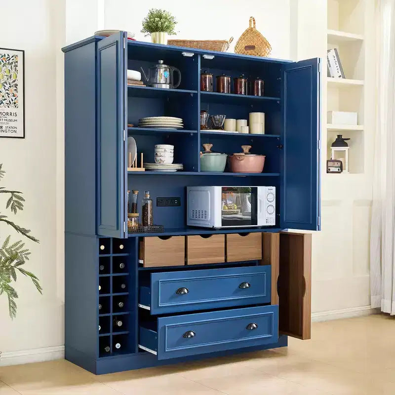 Whisen 180 cm hohe freistehende Küchenpantry, großer Esszimmer-Vorrratsschrank, Anrichte mit 4 faltbaren Türen, Einlegeböden, Weinregalen