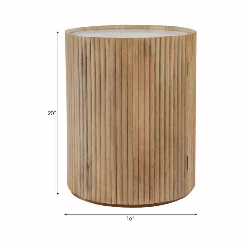 Dekorativer geriffelter Holzbeistelltisch mit Marmorplatte und Stauraum – kleiner Beistelltisch für Schlafzimmer oder Wohnzimmer