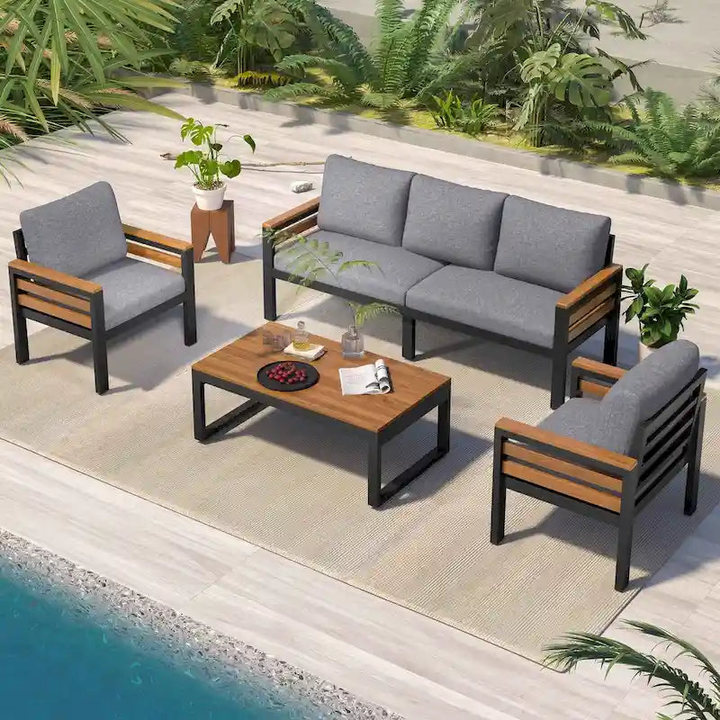 4-teiliges Outdoor-Sofa-Set für 5 Personen mit Couchtisch aus Massivholz und abnehmbaren Kissen