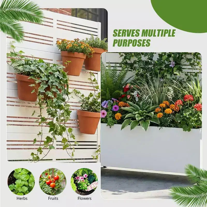 MAYEERTY Rechteckiger Pflanzkasten aus weißem Schmiedeeisen mit Spalier (Harold Wide-Narrow B Louvered), 72x35x16, 5-teilige Garten-Deko für Innen und Außen