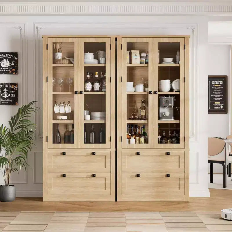 Farmhouse Küchenschrank mit Glastüren, 183 cm Vorratsschrank mit Schubladen und verstellbaren Regalböden für Esszimmer, Bad, Wohnzimmer