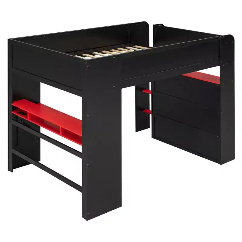 Luxystar Hochbett in voller Größe mit beleuchtetem, verstellbarem Schreibtisch, offenem Kleiderschrank und Bücherregal