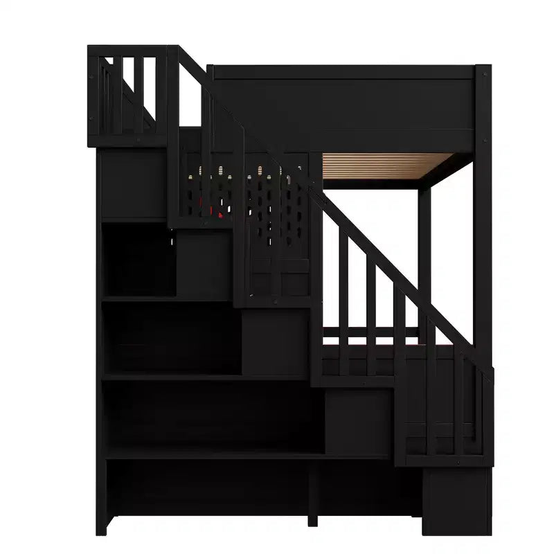 Vollständiges Gaming-Hochbett mit Schreibtisch und LED-Beleuchtung, großes Hochbett aus Holz mit Treppe und Stauraumtreppe sowie USB-Anschluss, Rot+Schwarz