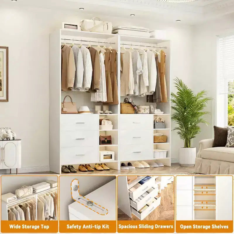 Besiost 4er-Set Kleiderschrank-Organizer mit Holzschubladen und Kleiderstangen
