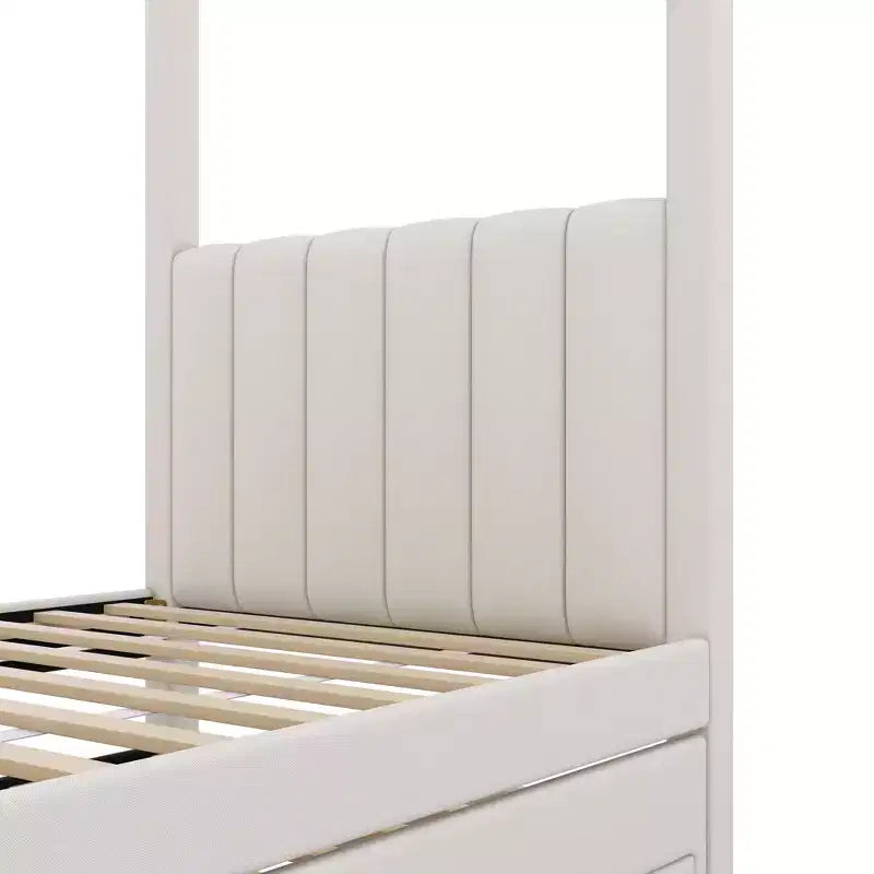 Plattformbett mit Baldachin, Leinenbezug, vollbettgroß, mit Ausziehbett und drei Schubladen