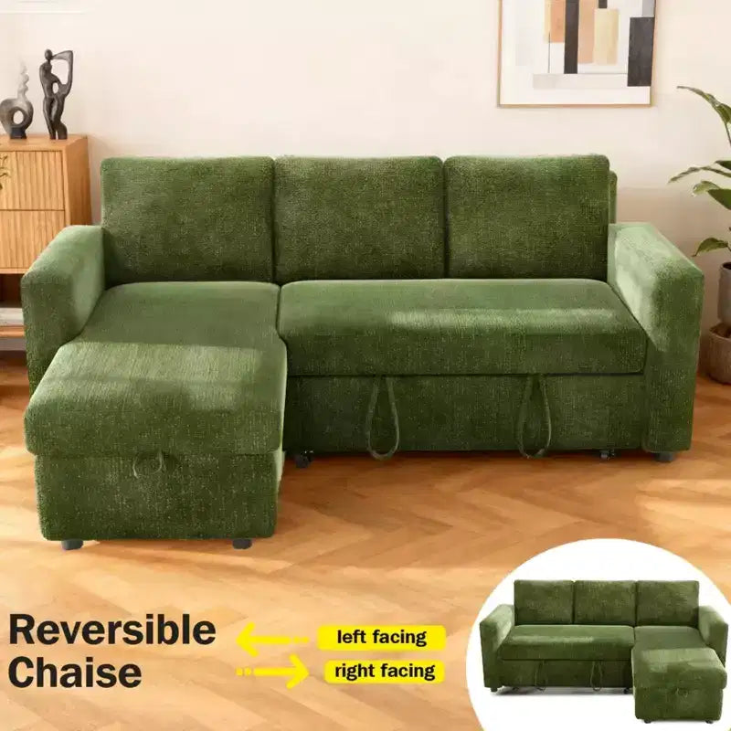 2-in-1 Schlafsofa zum Ausziehen mit Stauraum-Recamiere, Chenille-Ecksofa mit USB-Anschlüssen für das Wohnzimmer