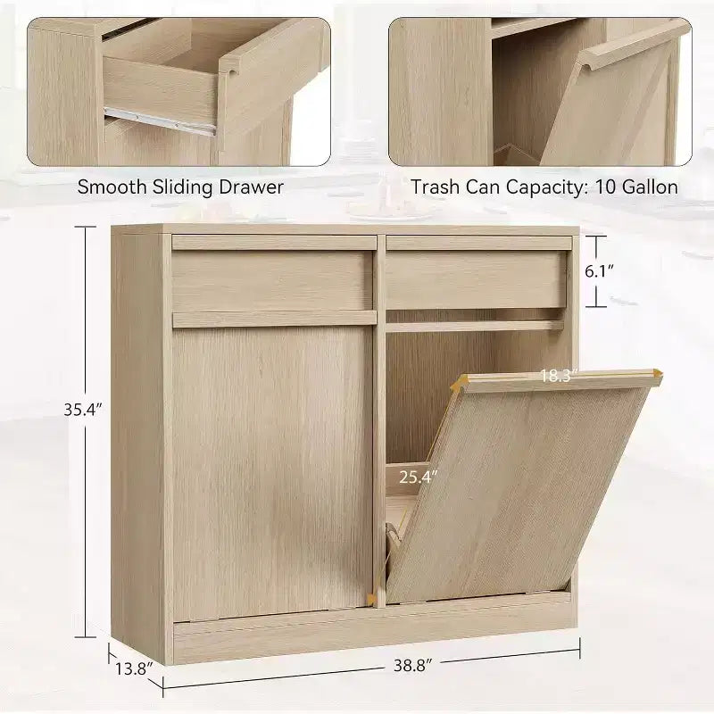 Kippbarer Mülleimer, natürliche Eiche, Mülleimer mit Stauraum und Schublade, versteckter Müllschrank, Wäschekorb für Küche, Esszimmer, Wohnzimmer
