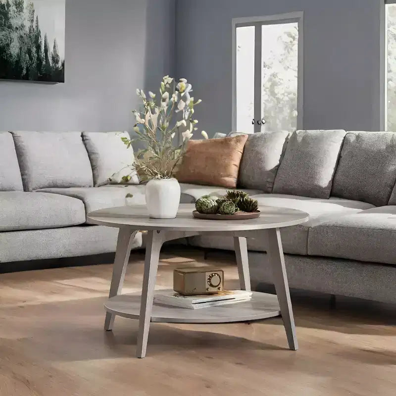 Honigbrauner runder Couchtisch mit 2 Ablageflächen, Maße 80 x 45 cm, ideal für das Wohnzimmer