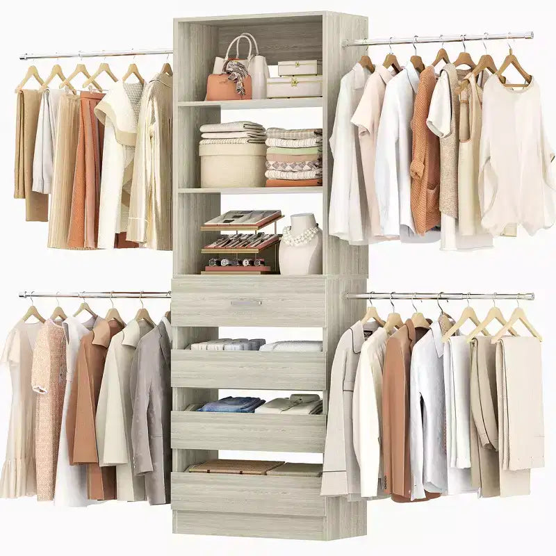 Besiost 4-9 Fuß Kleiderschranksystem aus Holz mit 4 Schubladen, 4 Kleiderstangen und Regaltürmen
