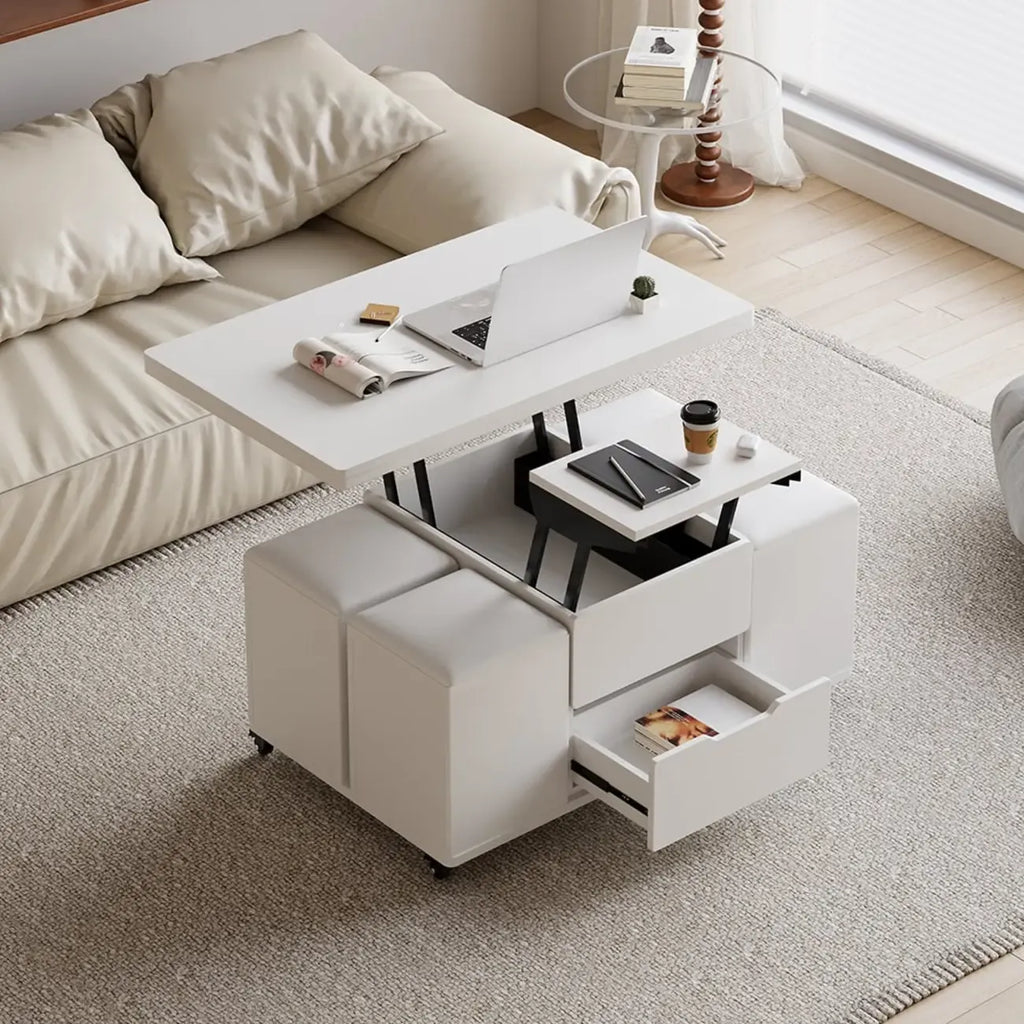 Klappbarer Couchtisch mit Liftfunktion, 4 Hockern und Stauraum