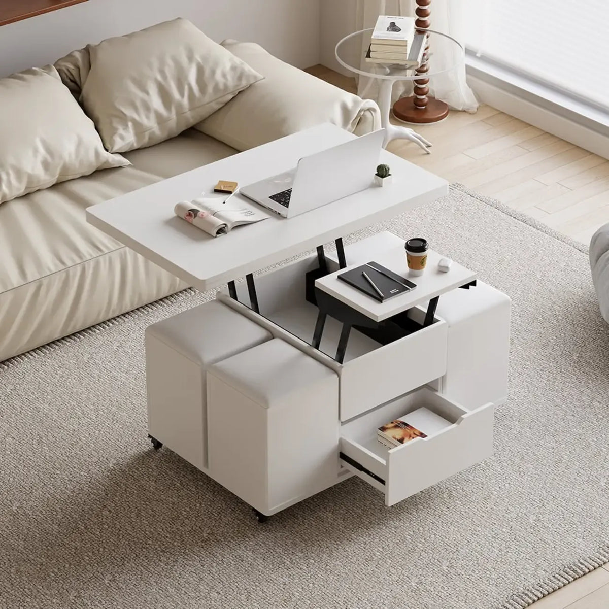 Klappbarer Couchtisch mit Liftfunktion, 4 Hockern und Stauraum