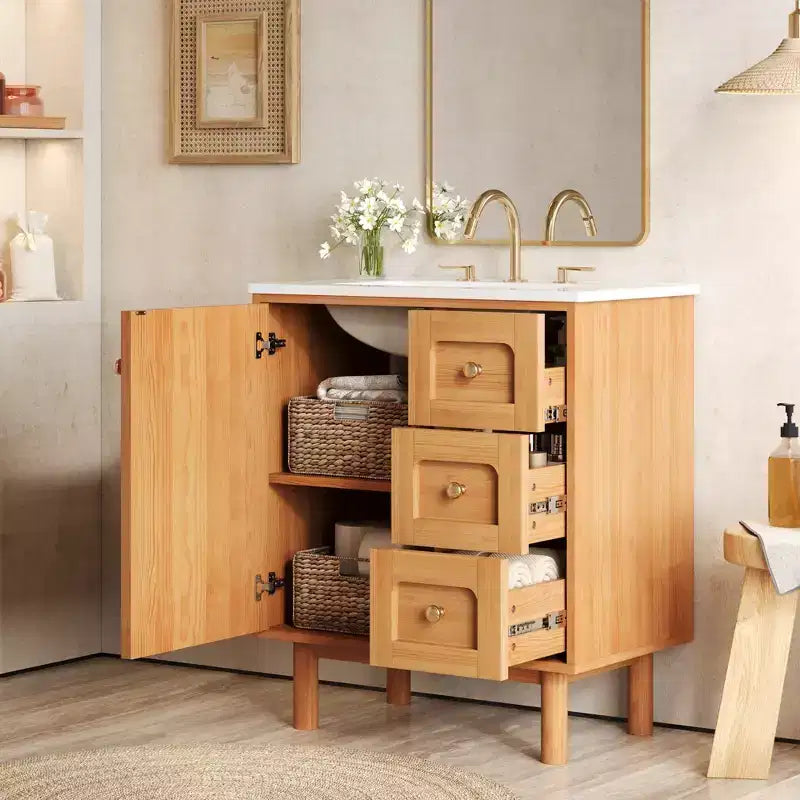JVNOXK 75 cm Rustikaler Moderner Keramik-Waschtischunterschrank mit 3 Schubladen und 1 großer Soft-Close-Tür, Aufbewahrungsschrank, Naturholzmaserung