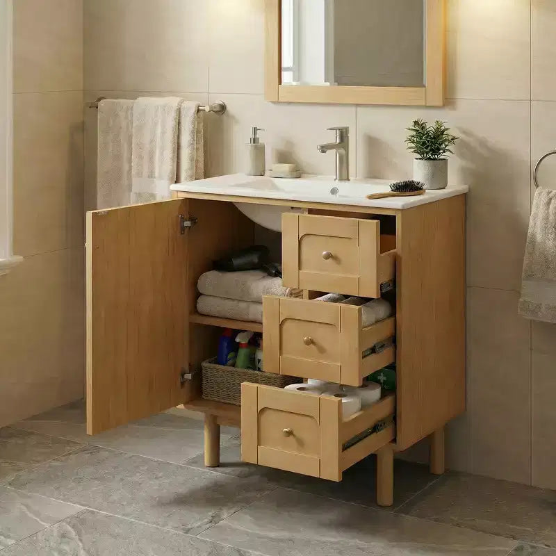 JVNOXK 75 cm Rustikaler Moderner Keramik-Waschtischunterschrank mit 3 Schubladen und 1 großer Soft-Close-Tür, Aufbewahrungsschrank, Naturholzmaserung