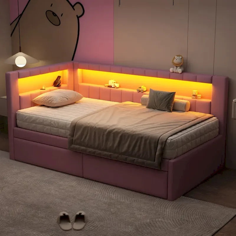 Gepolstertes Plattformbett mit USB-Anschlüssen & LED-Beleuchtung – Einzel-/Doppelbettgestell mit 2 Schubladen – Modernes Schlafzimmer