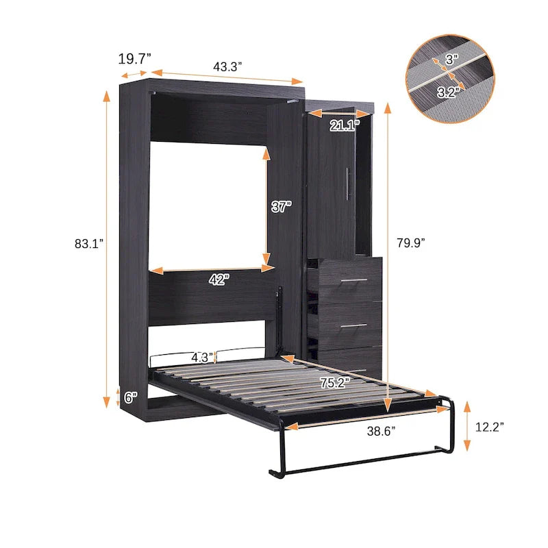 Graues klappbares Schrankbett mit Kleiderschrank & 3 Schubladen, Full/Twin, 1-Personen