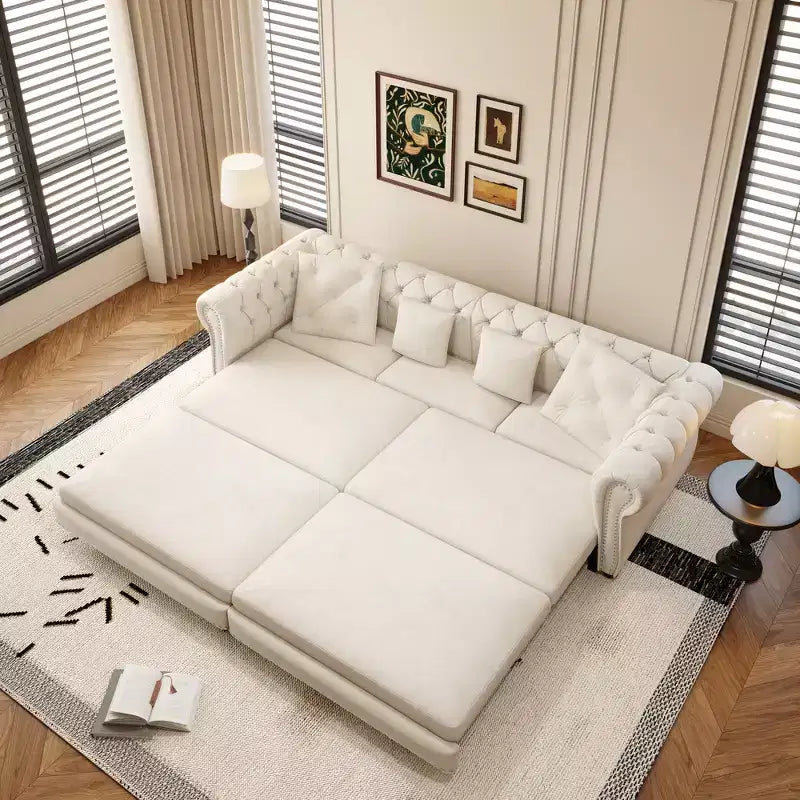 Whisen Velvet 3-in-1 Schlafsofa und wandelbares Schlafsofa im Kingsize-Format mit ausziehbarem Ottomane, getuftetem Design