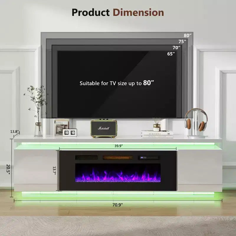 Skyzoo Elektrischer Kamin-TV-Ständer für Fernseher bis 80 Zoll mit LED-Beleuchtung & 4 Wechselstromsteckdosen, TV-Konsole für das Wohnzimmer