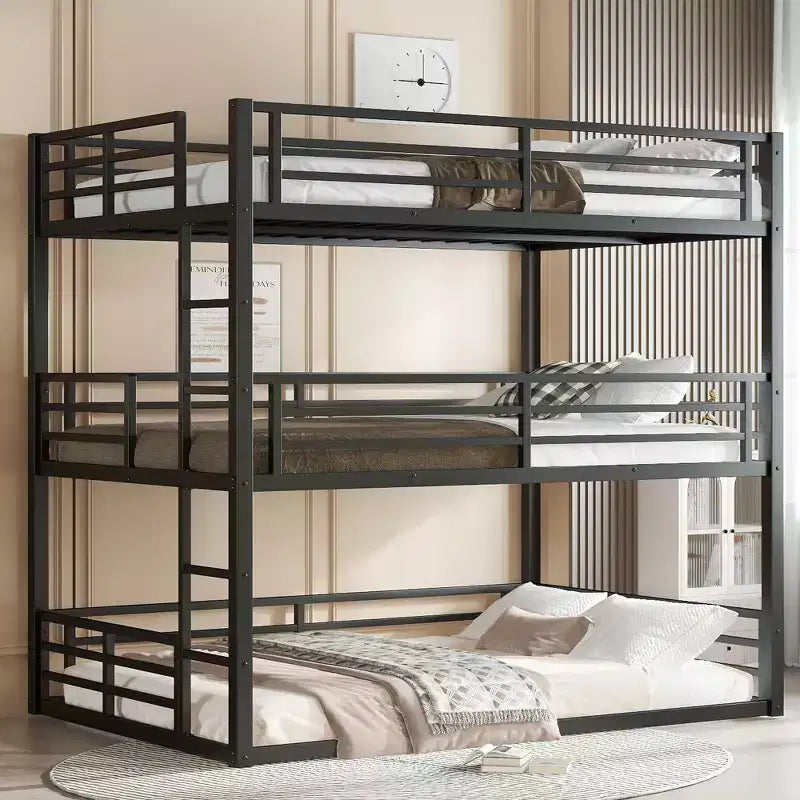 Etagenbett für drei Personen, Full über Full über Full, aus Metall, mit Sicherheitsgeländern, strapazierfähiges Etagenbett mit geräuschreduziertem Design, Schwarz