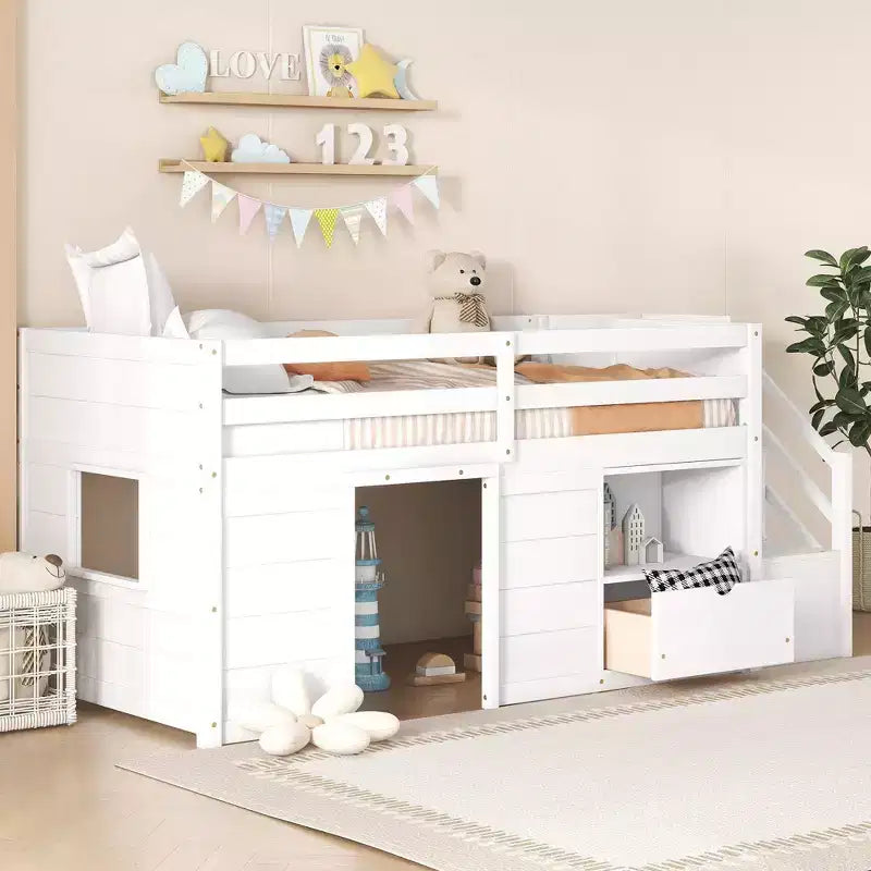 Okak Massivholz-Hochbett mit Treppe & Stauraum, Niedriges Etagenbett mit Schubladen & Regalen, Multifunktionales Hochbett für Kinder, Jugendliche