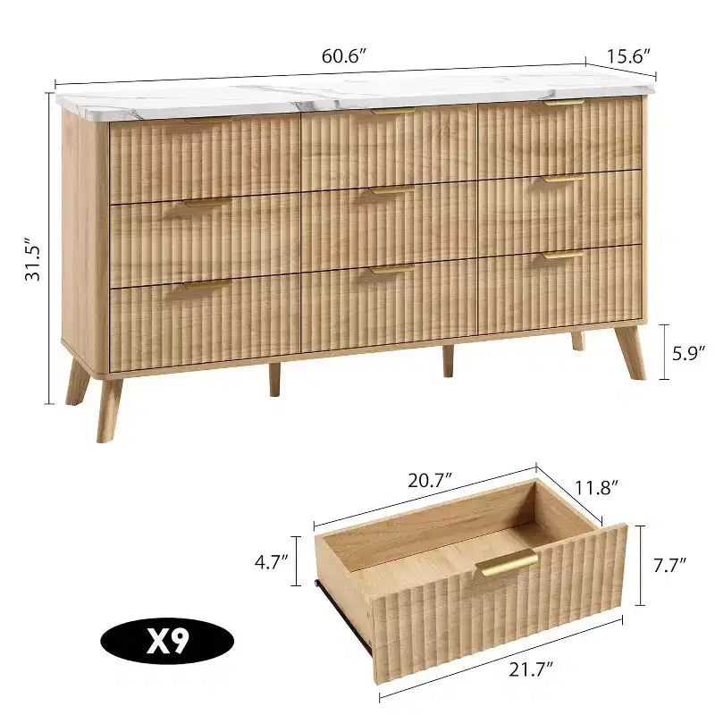 Kommode mit 9 Schubladen, gerillt, moderne Kommode, Holzkommode als TV-Ständer, geschwungenes Profil, für Wohnzimmer, Flur
