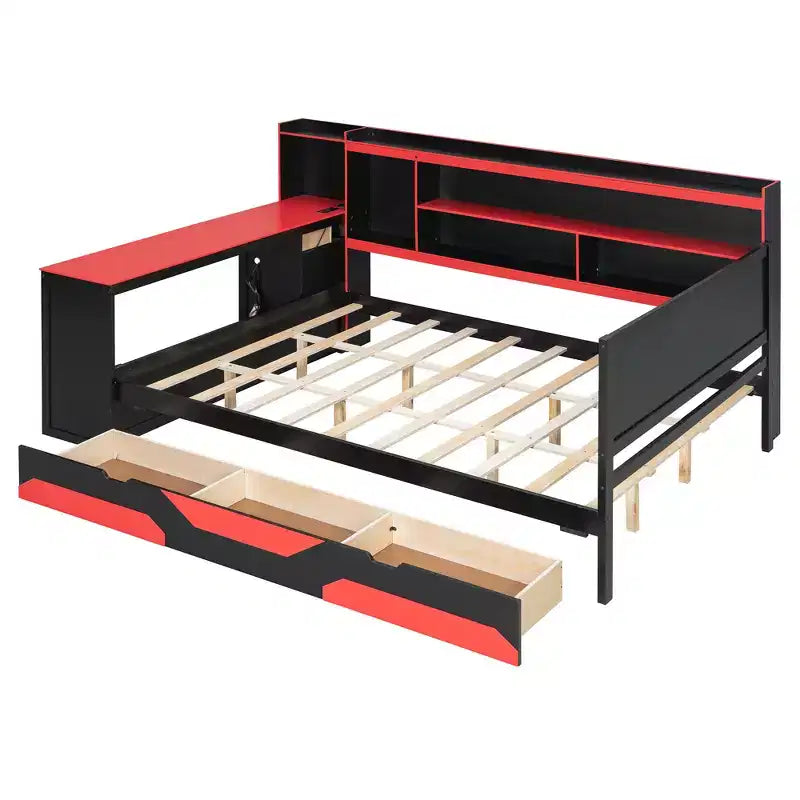 Gaming-Tagesbett (Queen-Size/Full-Size) mit Kopfteilregal, LED-Beleuchtung, integriertem Schreibtisch, Schubladen und Ladestation