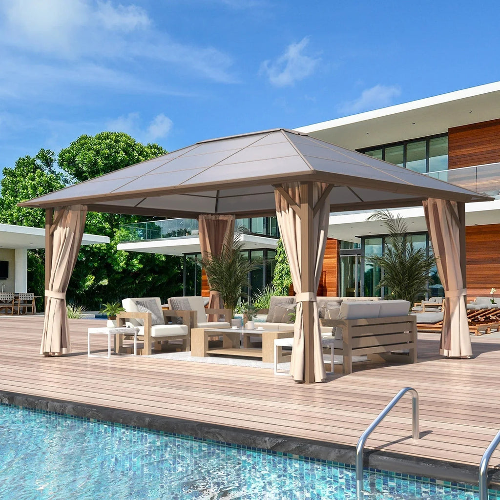 EROMMY Hardtop-Pavillon, Outdoor-Pergola mit Doppeldach & Netzen & Vorhängen, Hochleistungs-Canopy für Terrasse, Garten, Poolparty