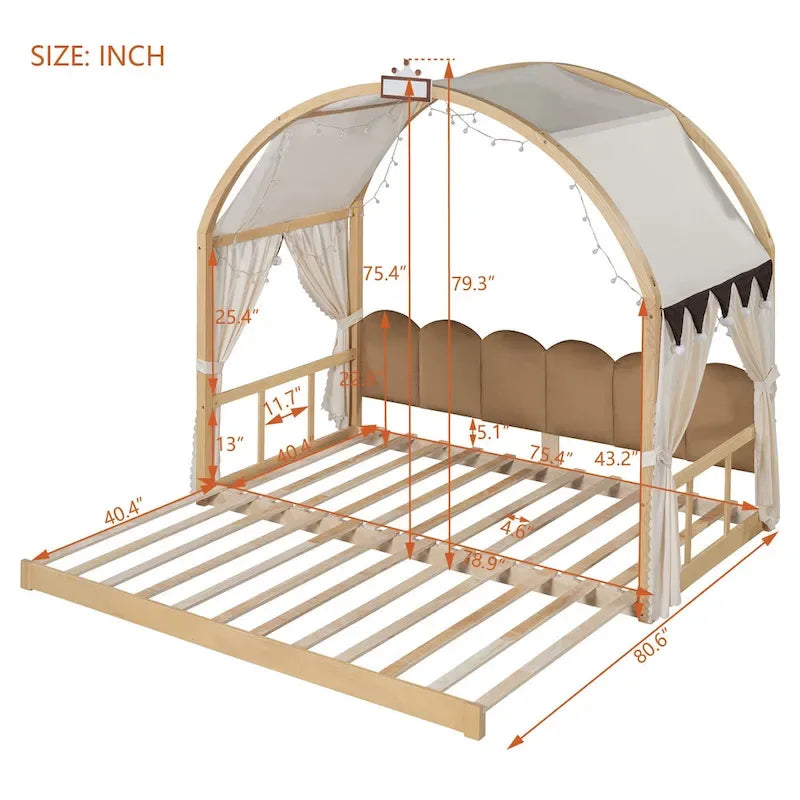Massivholz-Spielhaus-Plattformbett, Montessori-Bettrahmen mit gewölbtem Dach und Ausziehbett für Mädchen und Jungen