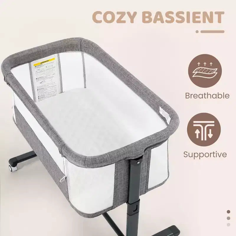 Baby-Beistellbett mit Rollen – Beige / Grau / Rosa, Bettschläfer, für 1 Baby