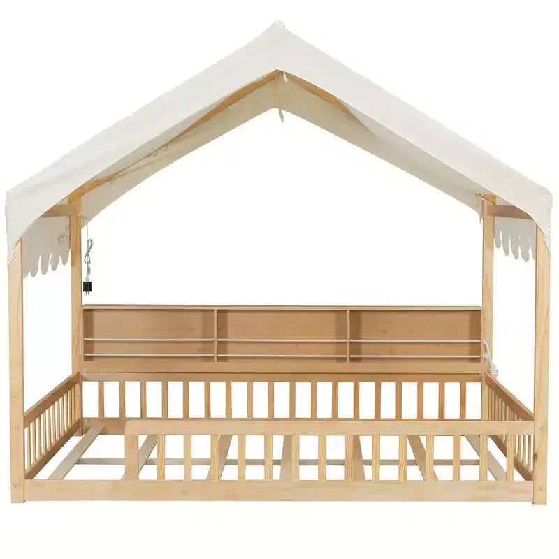Whisen Vollholz-Bettgestell, Hausbett mit Zaun, 3 Aufbewahrungsregale, Vorhang