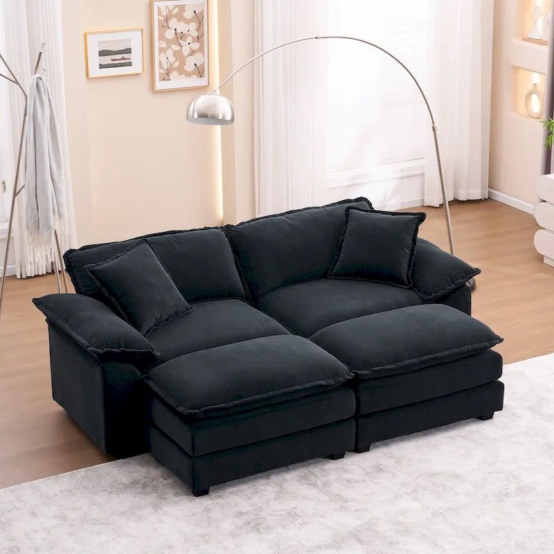 2-Sitzer-Sofa mit 2 Kissen, 2 Polstern und 2 Hockern, bequemes Sofa – Tiefes Wohnzimmersofa, Modulsofa