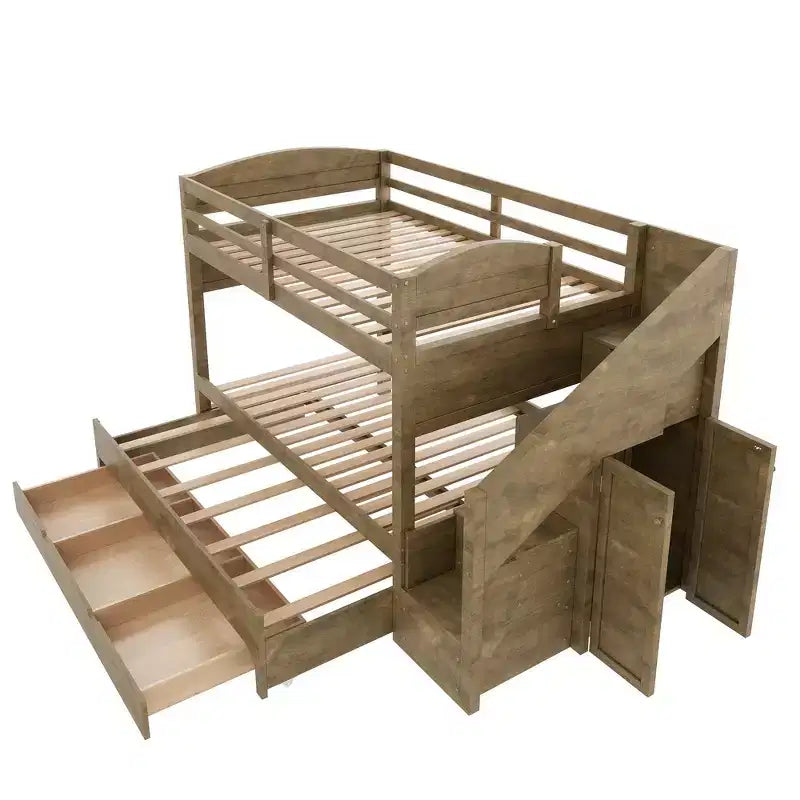 Whisen Twin XL Etagenbett mit Ausziehbett, Etagenbett mit Stauraum, Etagenbett aus Massivholz, Treppe mit Stauraum, Kleiderschrank, 3 Schubladen, für Kinder