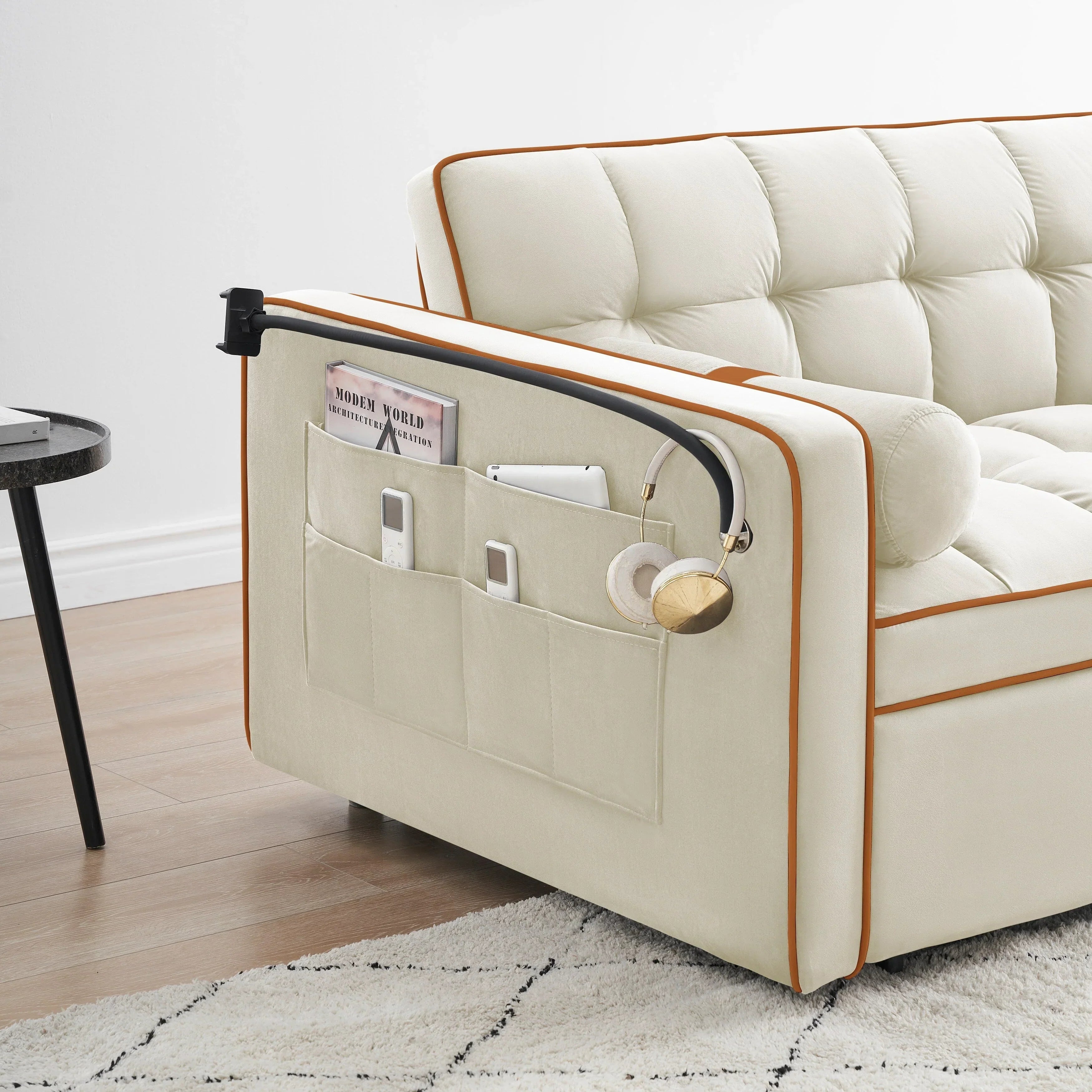 Samt-Schlafsofa zum Umbauen, 140 cm, 2-Sitzer, mit Ausziehbett, verstellbarer Rückenlehne, Seitentaschen und Handyhalterung