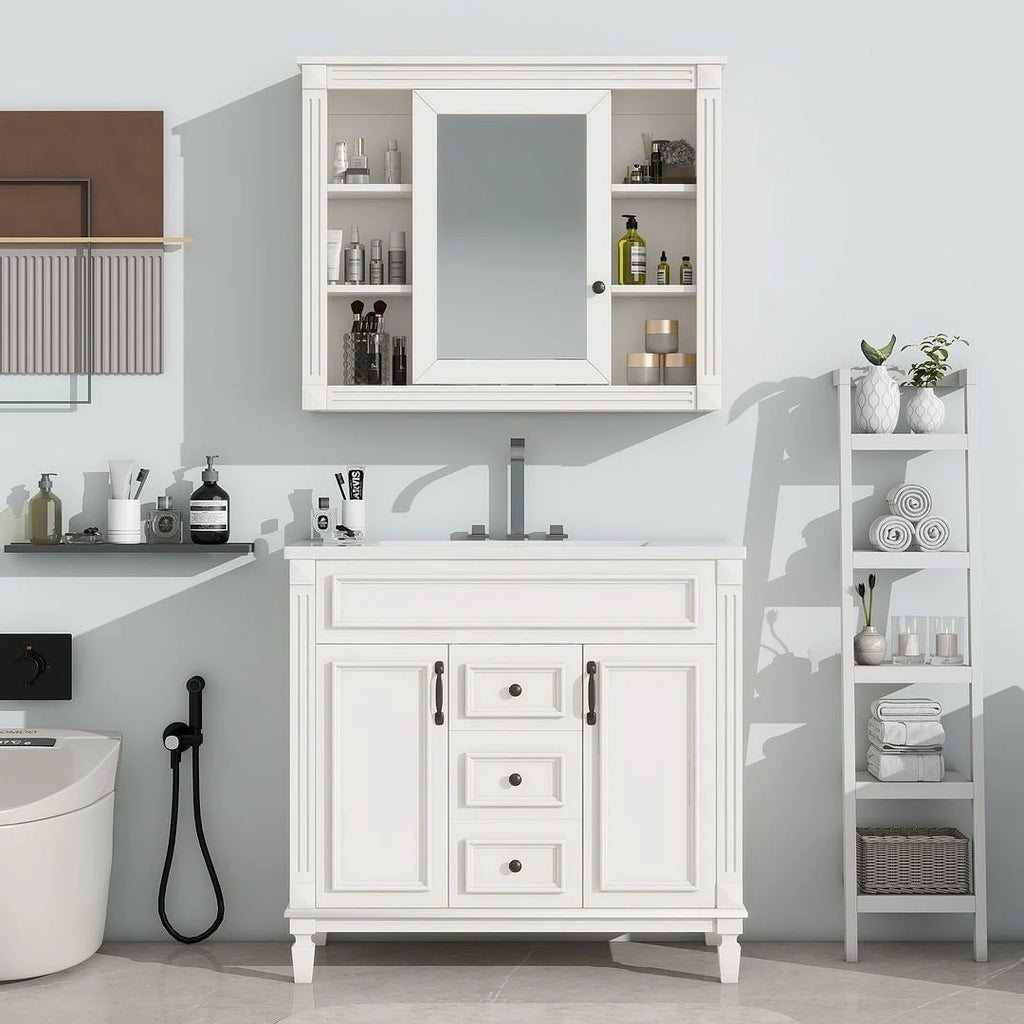 Moderner 36'' Badschrank mit Aufsatzwaschbecken und Spiegelschrank, 2 Türen und 2 Schubladen
