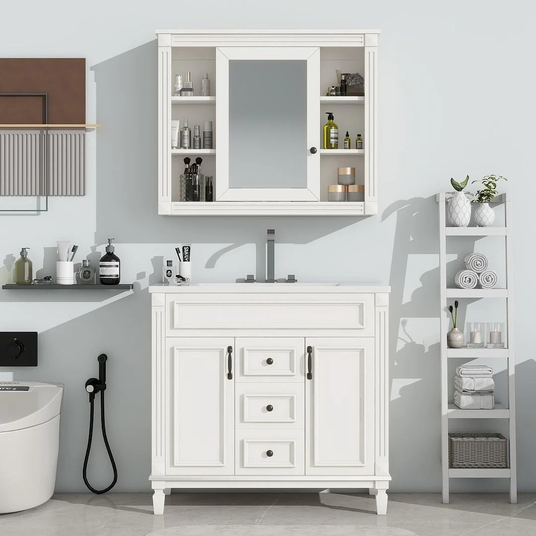 Moderner 36'' Badschrank mit Aufsatzwaschbecken und Spiegelschrank, 2 Türen und 2 Schubladen
