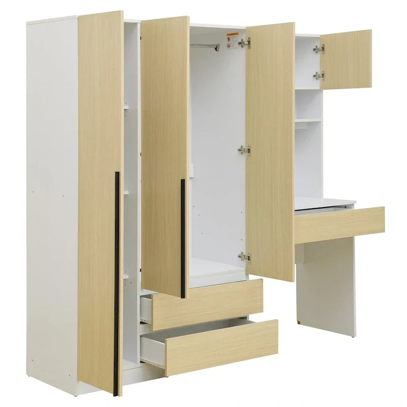 3-in-1 Kleiderschrank mit Schminktisch, Schreibtisch-Set, Schlafzimmer-Schrank mit 2 Schubladen, 3-türiger Aufbewahrungsschrank mit Schreibtisch