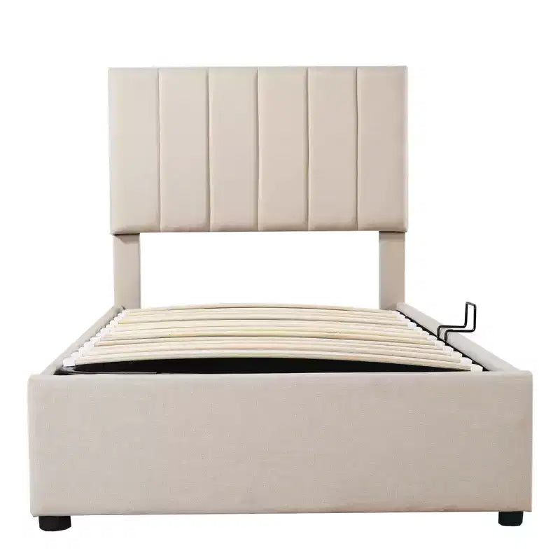 Bellemave Einzelbett mit Hochklappfunktion, Gepolstertes Plattformbett mit hydraulischem Aufbewahrungssystem, Kopfteil mit vertikalen Streifen, Beige
