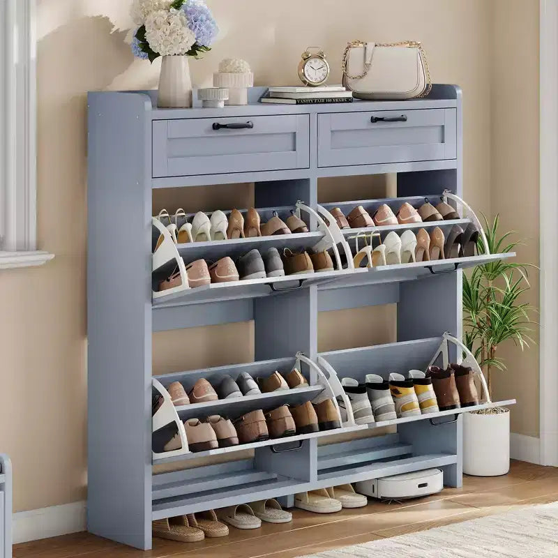 Schuhschrank mit 4 Klappfächern und 2 oberen Schubladen, Schuh-Organizer-Schrank aus Holz mit verstellbarem Regal, freistehende Schuhaufbewahrungsschränke