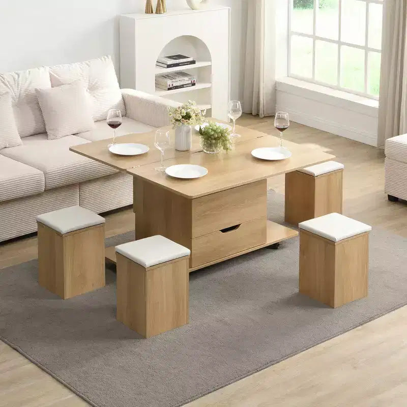 Multifunktionaler moderner Couchtisch mit Hebefunktion, verstecktem Stauraum, 4 Hockern und Rollen, perfekt für moderne Wohnbereiche