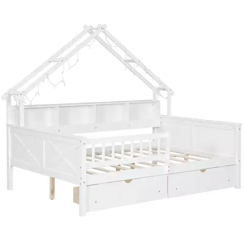 Hausbettgestell in voller Größe mit Schubladen, Haus-Plattformbett mit LED-Beleuchtung, Ablagefächern und Schubladen, Tagesbett aus Holz mit Dach und Geländer