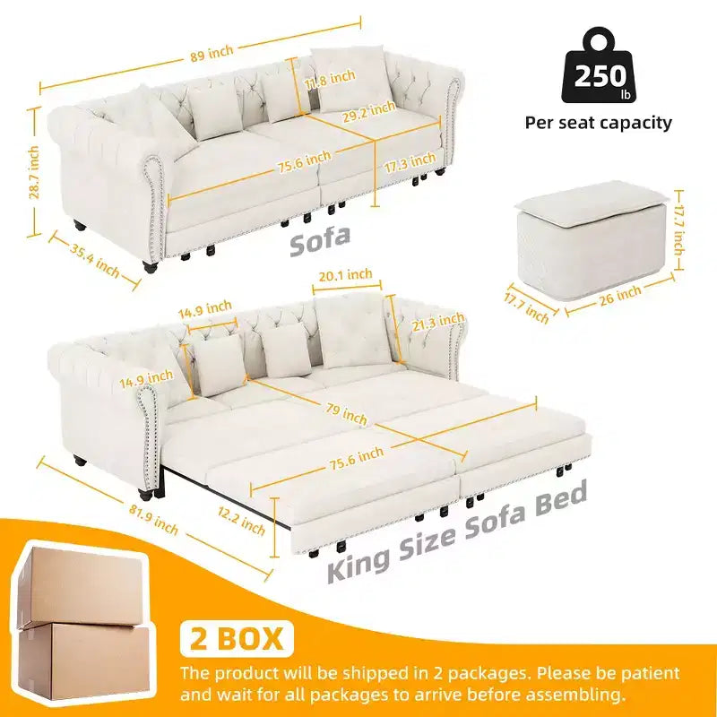 Whisen Velvet 3-in-1 Schlafsofa und wandelbares Schlafsofa im Kingsize-Format mit ausziehbarem Ottomane, getuftetem Design