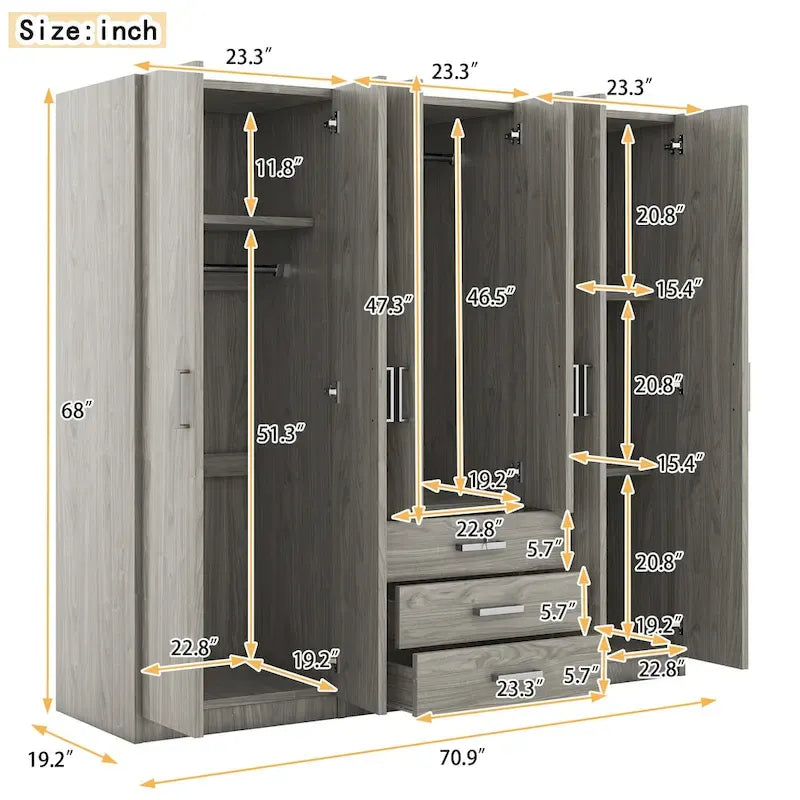 6-türiger Holz-Kleiderschrank mit 3 großen Schubladen für das Schlafzimmer