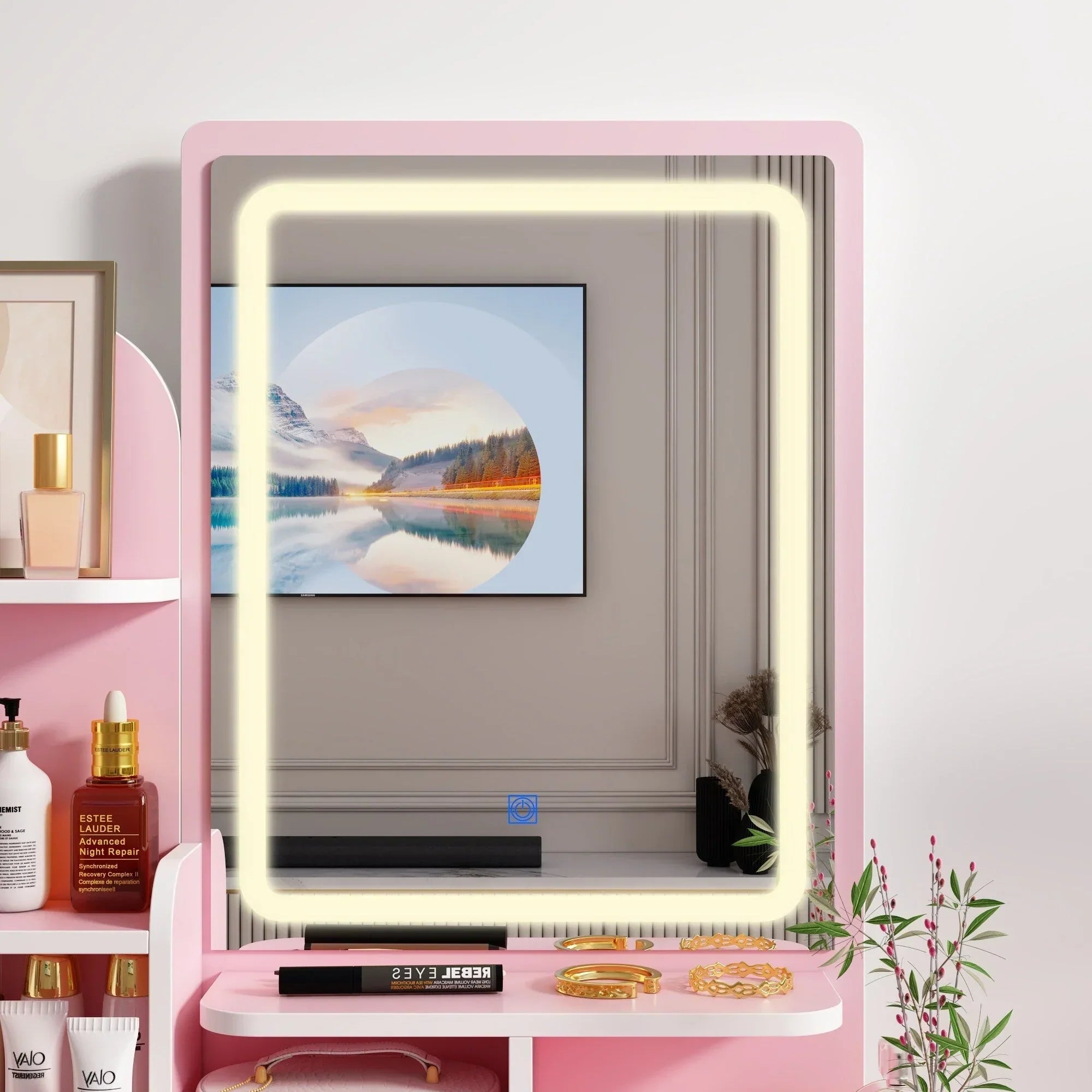 Schminktisch-Set mit LED-Beleuchtung, Spiegel und Hocker