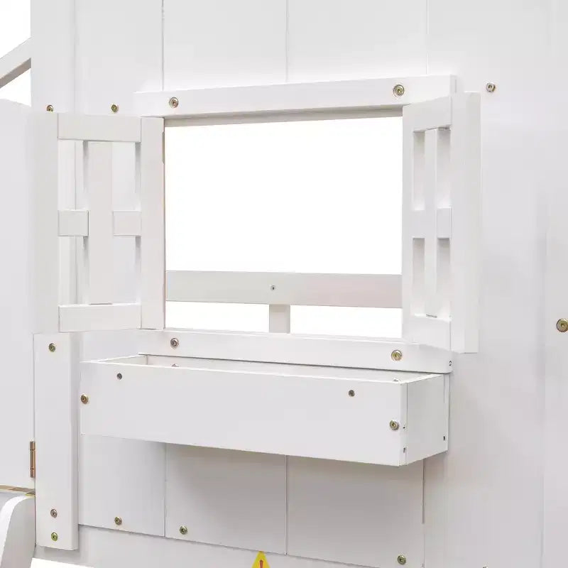 Doppel-Loftbett in Hausform, Holzspielhaus-Loftbett mit Leiter und Schutzgittern für Kinder