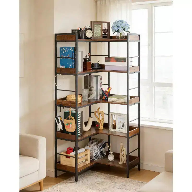 5-stufiges Eckregal in L-Form, 65 Industrieregal aus Holz und Metall (Rustikales Braun), wendbarer Stauraum für Wohnzimmer, Schlafzimmer und Home Office
