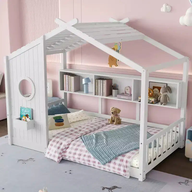 Twin/Full Size Hausbett Plattform-Bettrahmen Kleinkind-Bodenbett Kinder Montessori Bett Spielhausbett mit Ablagefach – ModernLuxe