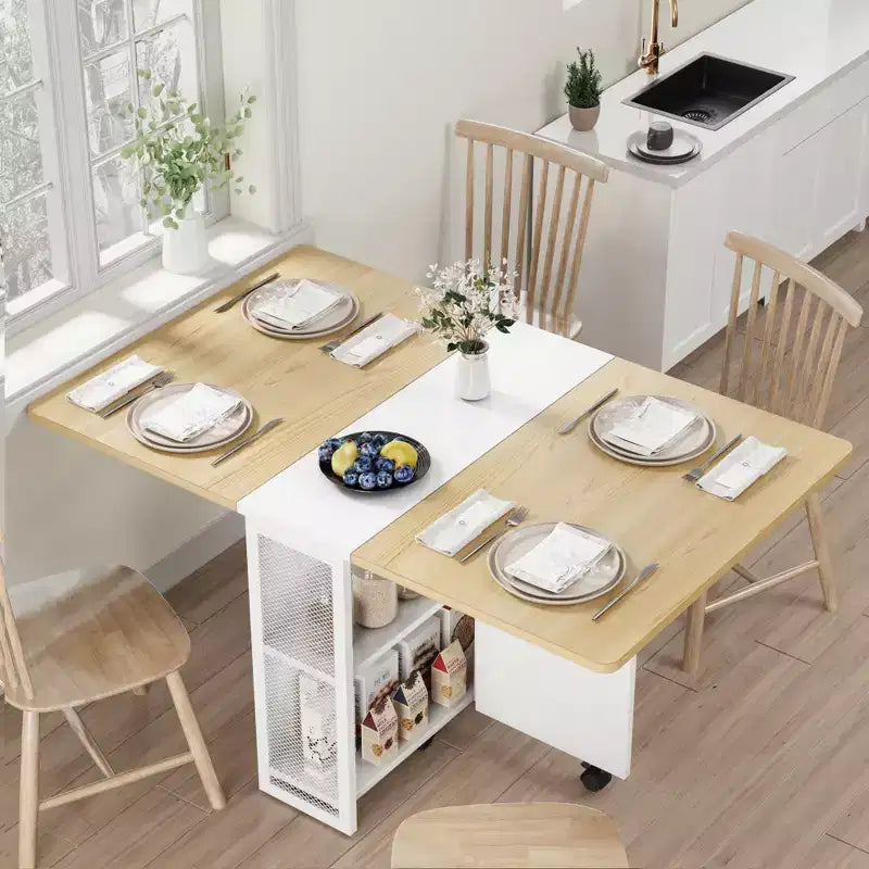 Klappbarer Esstisch für die Küche, platzsparender Esstisch, ausziehbarer Küchentisch mit Klappen und 6 Rollen für kleine Räume