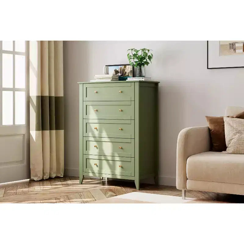 5-Schubladen-Kommode, 108 cm hoch, für das Schlafzimmer, Holzschrank mit 30 cm tiefen Schubladen und goldenen Metallgriffen, ideal für den Eingangsbereich oder Flur