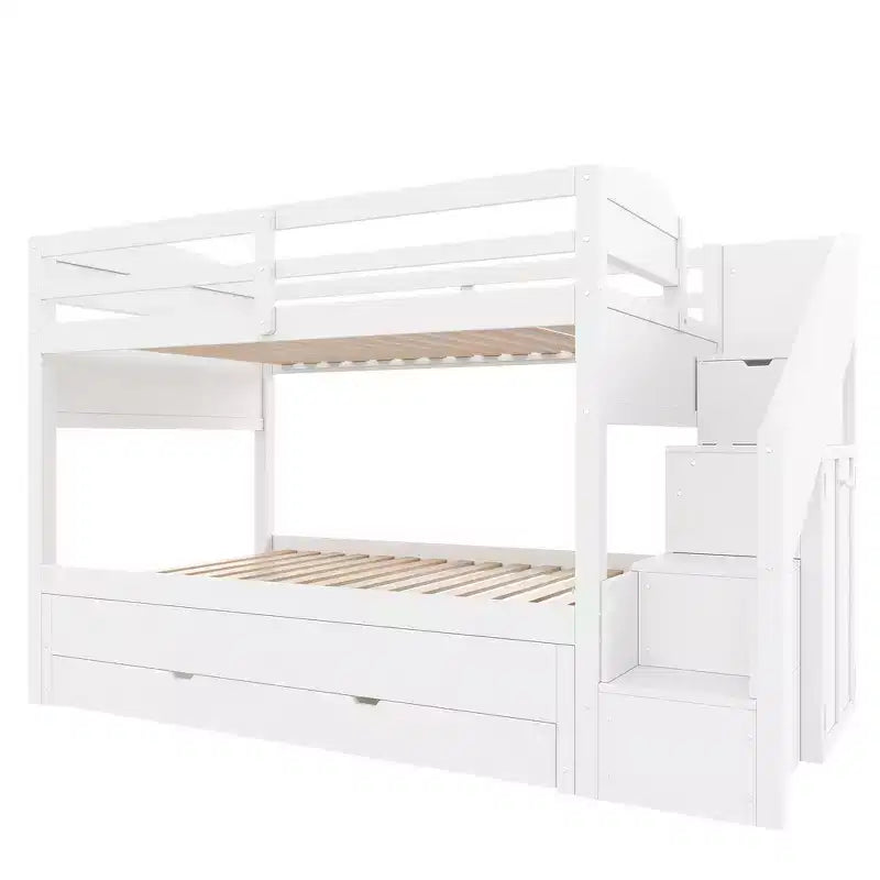 Whisen Twin XL Etagenbett mit Ausziehbett, Etagenbett mit Stauraum, Etagenbett aus Massivholz, Treppe mit Stauraum, Kleiderschrank, 3 Schubladen, für Kinder